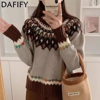 DAFIFY Женские модные повседневные свитера с длинным рукавом и круглым вырезом на осень-зиму One size чёрный