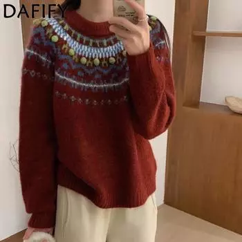 DAFIFY Женские модные повседневные свитера с длинным рукавом и круглым вырезом на осень-зиму Size: One Size
