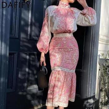 DAFIFY женские модные повседневные весенне-осенние костюмы с юбкой в богемном стиле с длинным рукавом и высоким воротом S розовый