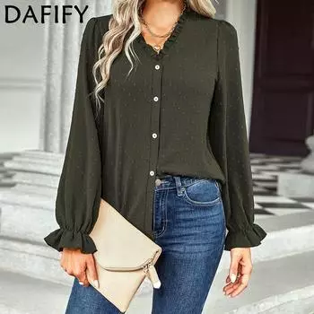 DAFIFY женские модные повседневные весенне-осенние однотонные блузки и рубашки с v-образным вырезом и длинными рукавами с принтом