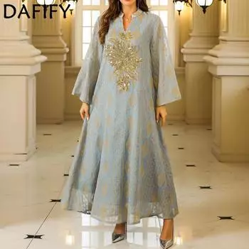 DAFIFY женские модные весенне-осенние коктейльные и вечерние платья с длинным рукавом и v-образным вырезом, свободная талия M синий