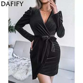 DAFIFY женские модные весенне-осенние однотонные коктейльные и вечерние платья с длинным рукавом и v-образным вырезом со средней талией XL
