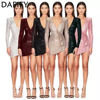 DAFIFY Женские модные весенне-осенние однотонные коктейльные и вечерние платья с длинным рукавом и v-образным вырезом с высокой талией S чёрный