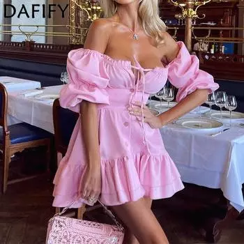 DAFIFY женские модные весенне-осенние однотонные повседневные платья с короткими рукавами и высокой талией на одно плечо M розовый