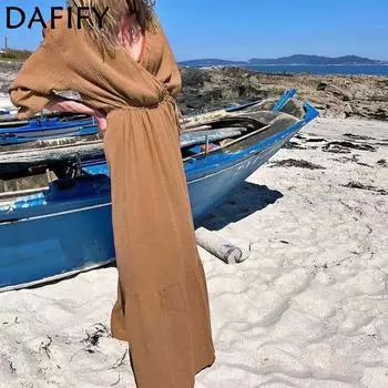 DAFIFY женские модные весенне-осенние однотонные повседневные платья с длинным рукавом и v-образным вырезом со средней талией S