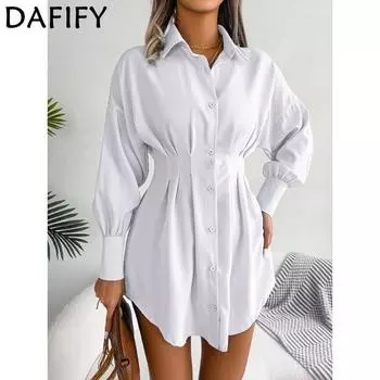 DAFIFY женские модные весенне-осенние однотонные повседневные платья поло с длинными рукавами и высокой талией с принтом