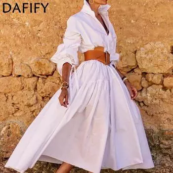 DAFIFY женские модные весенне-осенние однотонные повседневные платья поло с длинными рукавами и высокой талией с принтом S