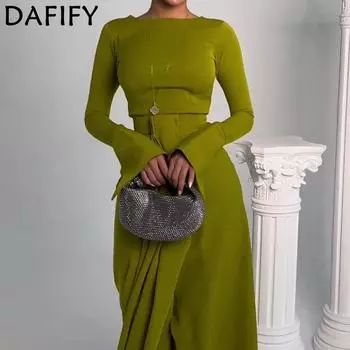 DAFIFY Женские модные весенне-осенние однотонные повседневные платья с длинным рукавом и круглым вырезом с высокой талией и принтом S