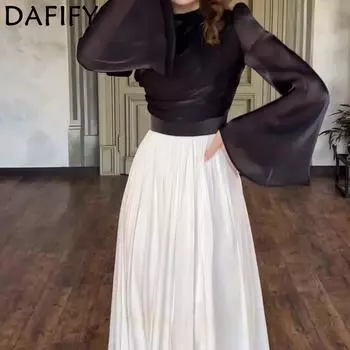 DAFIFY Женские модные весенне-осенние однотонные повседневные платья с длинным рукавом и круглым вырезом с высокой талией и принтом S