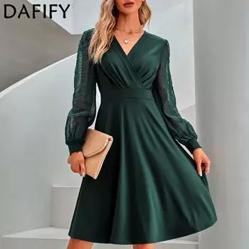 DAFIFY женские модные весенне-осенние однотонные повседневные платья с длинным рукавом и v-образным вырезом со средней талией