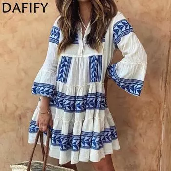 DAFIFY Женские модные весенне-осенние повседневные платья с длинным рукавом и v-образным вырезом в богемном стиле S