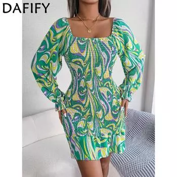 DAFIFY женские модные весенне-осенние повседневные платья с квадратным воротником и длинными рукавами и высокой талией S