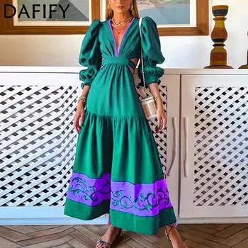 DAFIFY Женские модные весенне-осенние повседневные платья с длинным рукавом и v-образным вырезом и высокой талией S