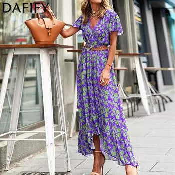 DAFIFY женские модные весенне-осенние повседневные платья с цветочным узором и короткими рукавами и v-образным вырезом со средней талией