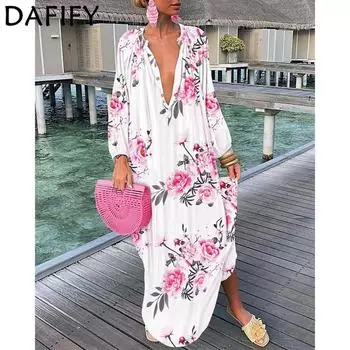 DAFIFY Женские модные весенне-осенние повседневные платья с цветочным узором и длинными рукавами и v-образным вырезом