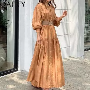 DAFIFY женские модные весенне-осенние повседневные платья в горошек с длинными рукавами и воротником-стойкой со средней талией M хаки