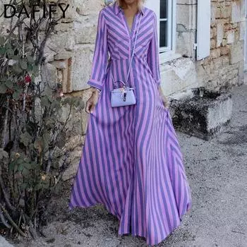 DAFIFY женские модные весенне-осенние повседневные платья в полоску с длинными рукавами и воротником-поло со средней талией S