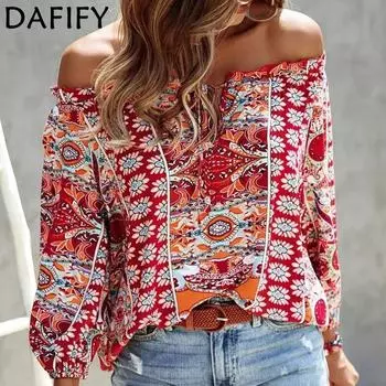 DAFIFY женские винтажные богемные летние весенние повседневные блузки и рубашки на одно плечо с длинным рукавом S красный