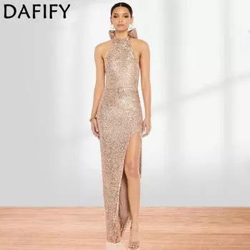 DAFIFY женское модное летнее и весеннее однотонное коктейльное и вечернее платье без рукавов с висячим воротником и высокой талией S чёрный