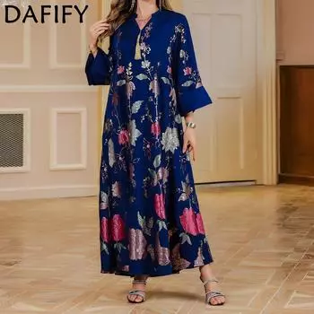 DAFIFY женское модное весенне-осеннее цветочное платье с длинным рукавом и v-образным вырезом, свободная талия, коктейльные и вечерние платья M синий