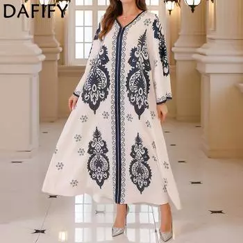 DAFIFY женское модное весенне-осеннее коктейльное и вечернее платье с геометрическим принтом, длинным рукавом и v-образным вырезом, свободная талия M белый