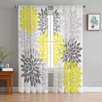 Dahlia Grey And Yellow Curtain Window Tulle For Living Room Bedroom The Kitchen Window Treatment Decorations Curtains W135 x H114cm