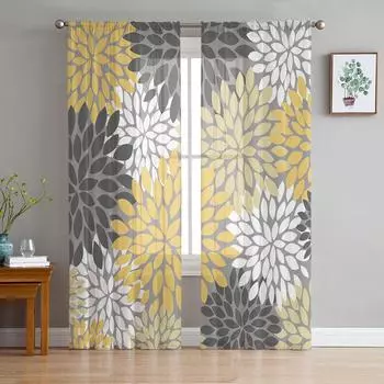 Dahlia Vintage Color Yellow Flower Тюль Шторы для гостиной Прозрачные шторы для спальни Кухня Оконные занавески 135W x 114H(cm)