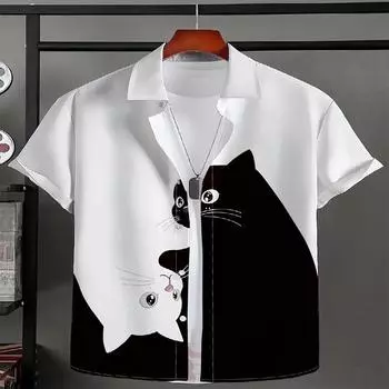 Daily Casual Men s Black and White Cat Pattern Printed Short Sleeved Button Fashion Shirt Suitable for Summer Vacation and Outdoor Activities S