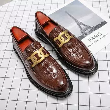 Daily Loafers Men PU Embossed Metal Buckle Decoration Low Heel Solid Color Comfortable Business Formal Classic Men Shoes 37