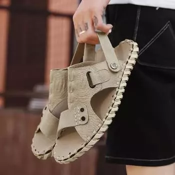 Daily Men Casual Sandals Slippers PU Flat Bottomed Hand Sewn Dual-purpose Sandals Outdoor Vacation Beach Sandals 39
