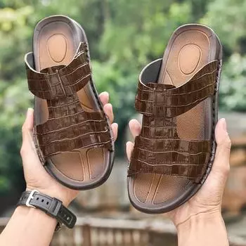 Повседневные мужские кожаные сандалии с плоской подошвой и открытым носком с каменным узором, дышащие, однотонные, классические мужские сандалии, тапочки 37 чёрный