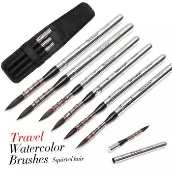 Dainayw Беличьи волосы, дорожные кисти для рисования, 6 шт., тонкая линия, кисть с возможностью складывания, колпачок с наконечником для наружного применения, акварель, гуашь, акриловая живопись 6pcs+2bag