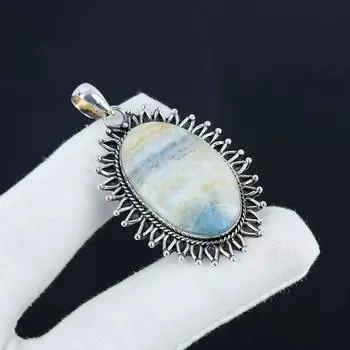 Dainty Blue Scheelite Gemstone Silver Pendant in 925 Sterling Silver - Handmade Oval Design, Everyday Wear Jewelry Mother s Day Gift 2.16 белый