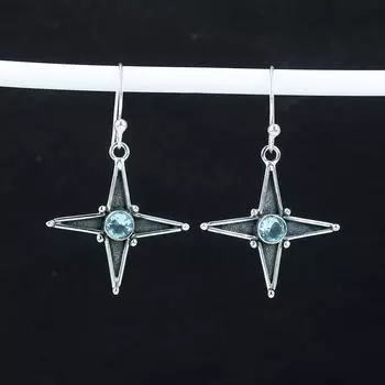 Dainty Blue Topaz Gemstone Star Shape Earrings, 925 Sterling Silver Earring, Handmade Boho Silver Jewelry Dangle Earrings, Party Wear Gift 1.77 синий