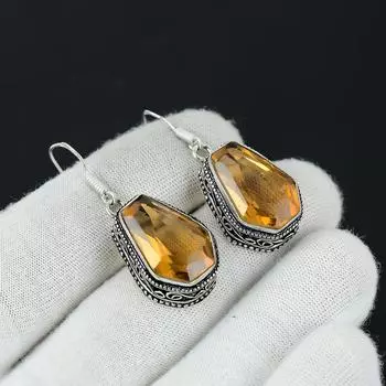 Dainty Morganite Coffin Gemstone Earrings, 925 Sterling Silver Earring, Handmade Boho Silver Jewelry Dangle Earrings, Birthday Gift For Wife 1.96 жёлтый
