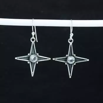 Dainty White Topaz Gemstone Star Shape Earrings, 925 Sterling Silver Earring, Handmade Boho Silver Jewelry Dangle Earrings, Gift For Her 1.77 белый