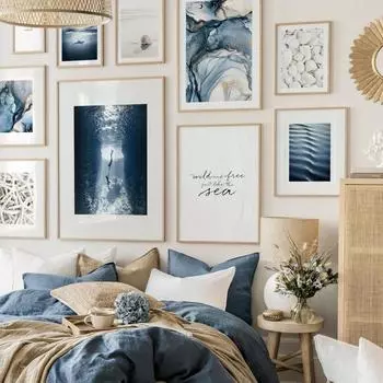 Дайвинг пара Дельфин синий бант волна пляж ракушка скандинавский плакат настенный художественный принт холст живопись Декор фотографии для гостиной A4 21X30cm No Framed