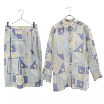 DAKS Silk Blend Riding pattern Long sleeve shirt Setup 9R Blue skirt Women Used