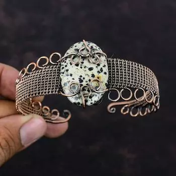 Dalmatian Jasper Bangle Copper Wire Wrapped Gemstone Cuff Bracelet Adjustable Bangle Copper Wire Wrap Jewelry Handmade Bracelet Gift For Her