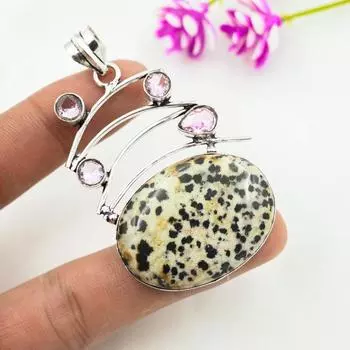 Далматин, розовый кунцит, подвеска с драгоценным камнем, ювелирные изделия, 925-й пробы, подвеска из стерлингового серебра, ручная работа, подвеска с камнем по дате рождения, подарок для него 2.48 Inches жёлтый