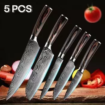 Набор из 5 ножей для шеф-повара из усовершенствованной нержавеющей стали Дамаск с деревянной ручкой 1 set knife