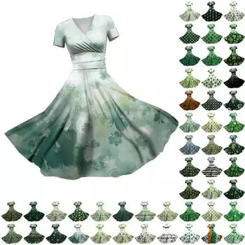 Дамское платье принцессы с сексуальным v-образным вырезом St. Платье с короткими рукавами и принтом на талии в честь Дня Святого Патрика и оборками на талии L