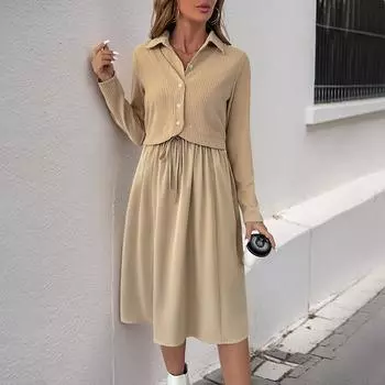 Дамское платье-рубашка из двух частей, однотонное, юбка, осеннее, с длинным рукавом, с лацканами, модное, свободное, повседневное, женское, уличное, халат Femme S хаки