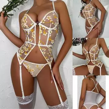 Дамы сексуальное эротическое женское бельё кружево вышило женское бельё из двух частей со стальным кольцом XXL