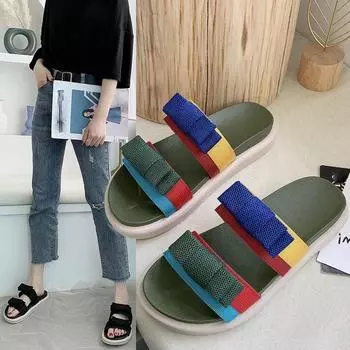 Дамы тапочки 2021 Летний цвет моды Соответствие открытым пальцами Плоский пляж тапочки сандалии 35 жёлтый