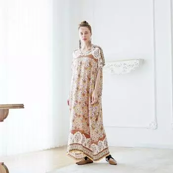 Dance Flower Meat D120 Big Brand Graceful European and American Wind Catwalk Retro Artsy Big Robe Loose Extra Long Vacation Long Dress As Shown in Pictures S
