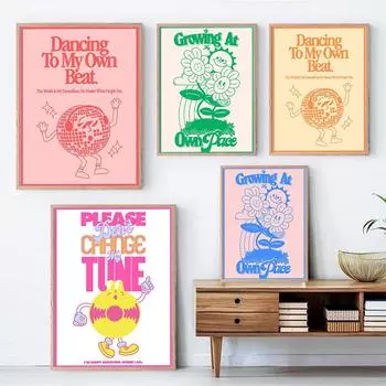 Dancing Funky Disco Soul Aesthetic Posters Smiley Retro Quote Prints Checkered 90s Wavy Positivity Self Love Wall Art Pictures 21x30cm No Framed