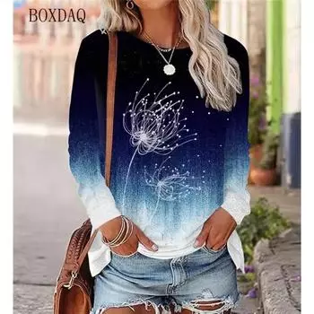 Dandelion Pattern Women T-Shirts Spring Autumn Long Sleeve 3D Plant&Flowers Print Street Gradient Ladies Tees 5XL Plus Size Top S