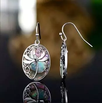Dangle Earrings popular Carved Dragonfly Tourism Souvenir Vintage Oval Shape Shell Decor Bohemian Vacation Style разноцветный