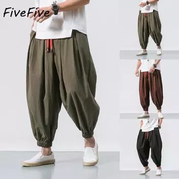 Мужские брюки Danmo в китайском стиле, свободные, из хлопка и льна, широкие шаровары S чёрный